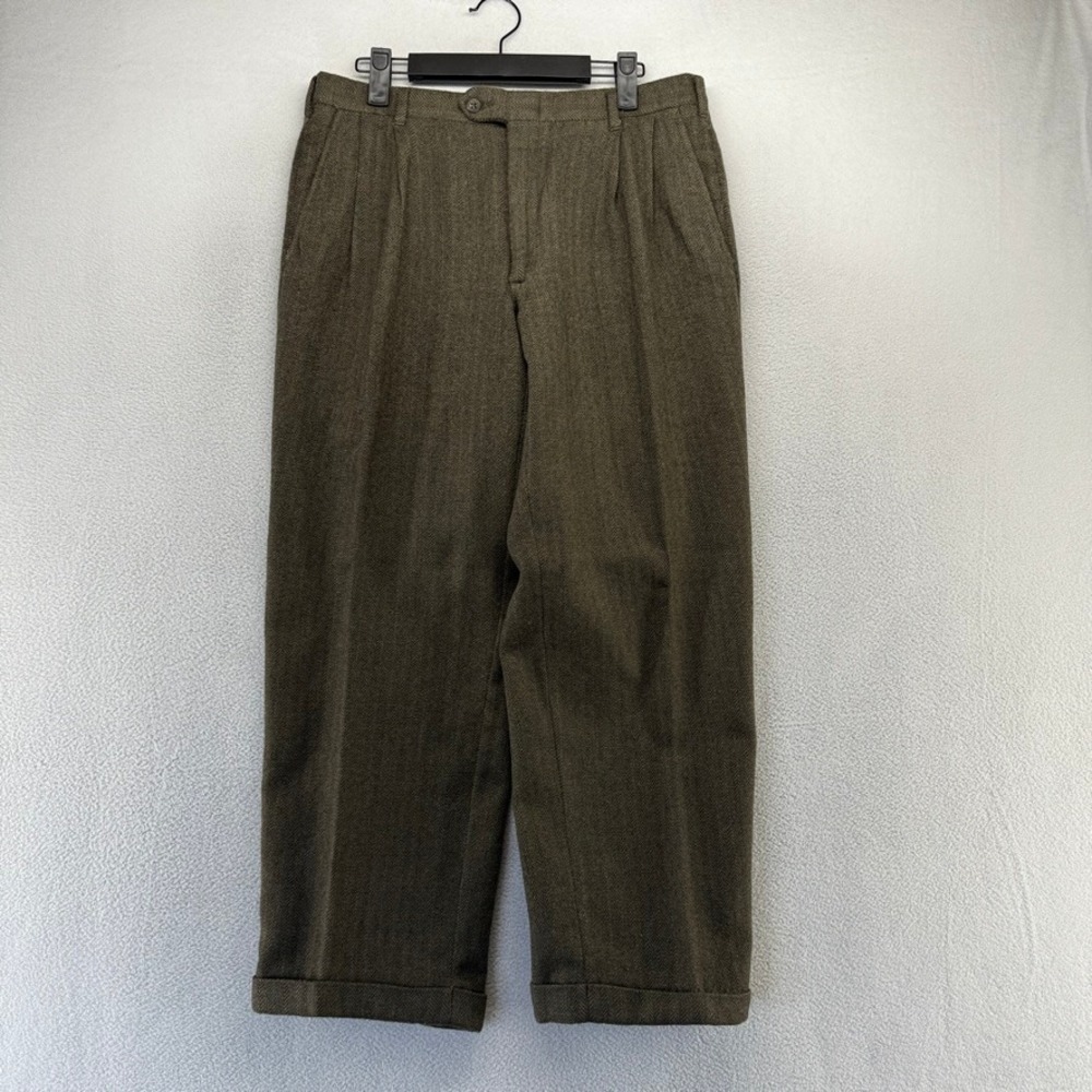 Vintage Wool Trousers Men's Fits 31x26 green Herringbone Baggy Talon Cuffed 70s